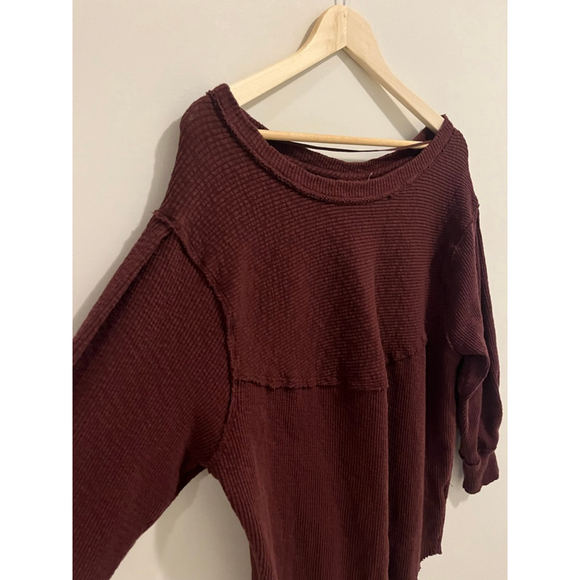 Free People Volume Sleeve Thermal Top Burgundy Cherry Cola Ribbed Oversized - Picture 3 of 9